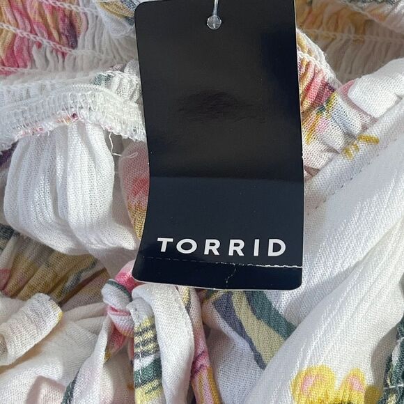 Torrid White Crinkle Gauze Smock Back Babydoll Floral Tunic Sz 1X - Picture 7 of 10